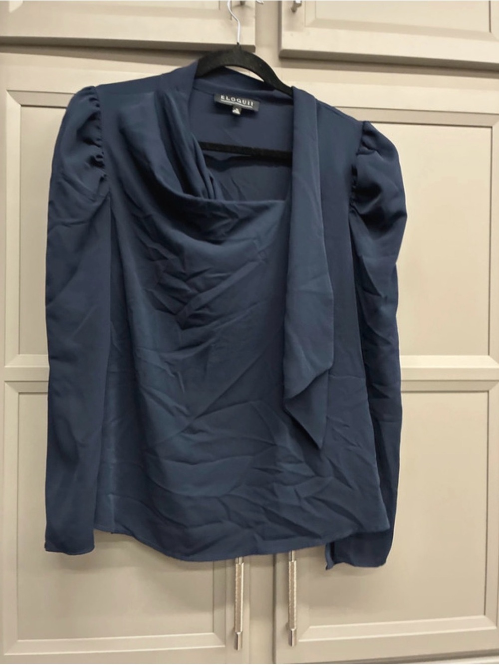 Eloquii Slate Blue Puff-Sleeve Draped Neck Blouse